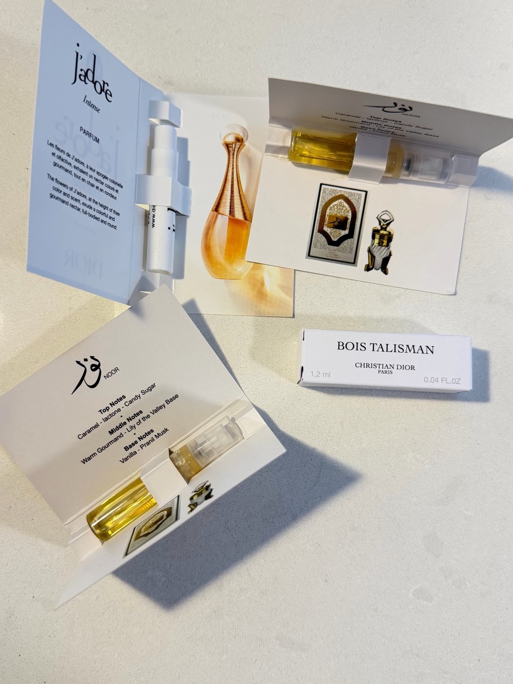 Dior J’adore + Bois Talisman and 2 Noor by Riffs Perfume Samples